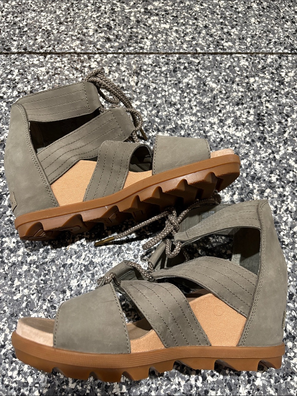 Sorel Olive Green Lace-Up Wedge Sandals with Gum Sole